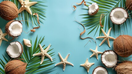 Summer accessories with starfishes and coconuts on blue background - generative ai