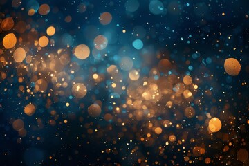 Shimmering gold particles floating in a deep blue night sky, magical Christmas lights bokeh background, abstract - obrazy, fototapety, plakaty