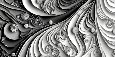 elegant abstract background in quilling, displaying skill and creativity in crafting paper patterns and ornaments,perfect for design and decor,black and white palette
