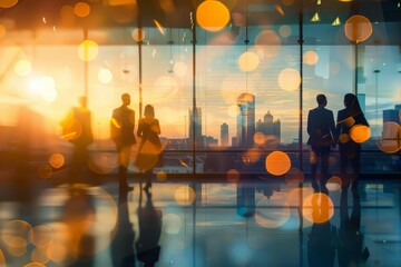 Blurred silhouettes of businesspeople in a modern office with soft golden bokeh lights, abstract business background