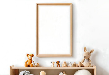 Nursery room. mock up template. Children's accessories. Playroom. Gift for newborn. beige rabbit, bear - soft toys. Empty Mockup Picture Frame on white Wall. mock-up. empty copy space for image, text - obrazy, fototapety, plakaty