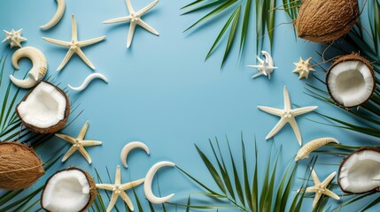 Fototapeta na wymiar Summer accessories with starfishes and coconuts on blue background - generative ai