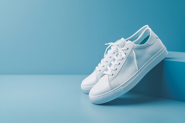 A pair of clean white sneakers on a simple, uncluttered background. Copyspace