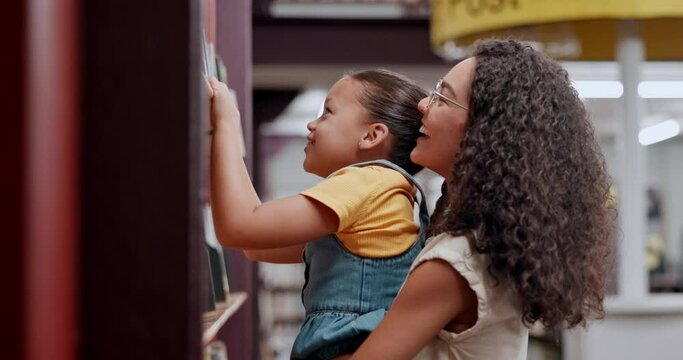 Woman, child and choice for library, support and reading for future growth and knowledge. Teacher, kid and smile with help, development and english education for creativity and fantasy storytelling