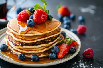 Fluffy homemade pancakes with fresh strawberries and blueberries, drizzled with golden maple syrup, delicious breakfast concept