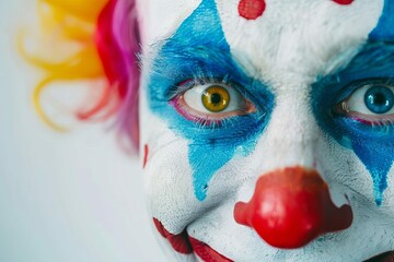 Expressive clown face with exaggerated features and vibrant colors against a clean white background, abstract photo