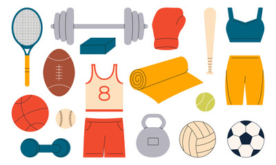 Set of sport equipment, gym accessories isolated on white background. Dumbbell, sportswear, barbell, ball, fitness mat.