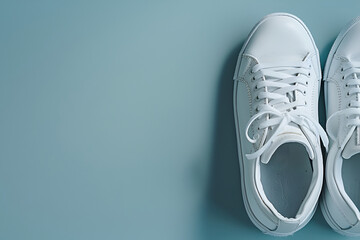A pair of white sneakers or sneakers on a clean blue background. Copyspace
