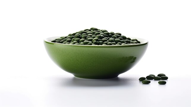 Plain white background dark green bowl with Chlorate powder