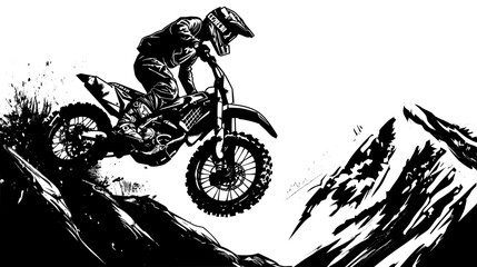 A motocross rider performs a wheelie on a steep mountain slope, portrayed in a dynamic black and white illustration highlighting the thrill of extreme sports. - obrazy, fototapety, plakaty