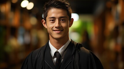 Young asian man wearing graduate uniform smiling happily