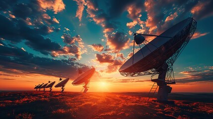 Parabolic satellite dish sunrise sky communication technology network in a large empty lot. - obrazy, fototapety, plakaty
