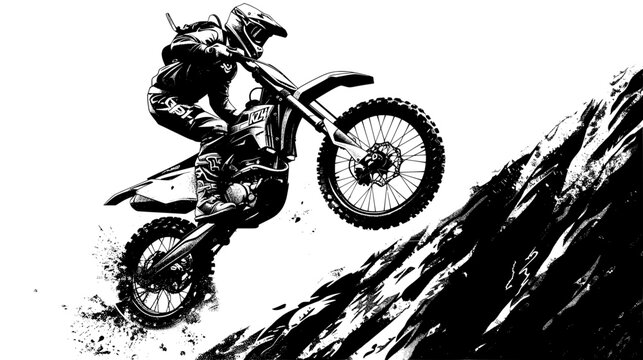 A motocross rider performs a wheelie on a steep mountain slope, portrayed in a dynamic black and white illustration highlighting the thrill of extreme sports.