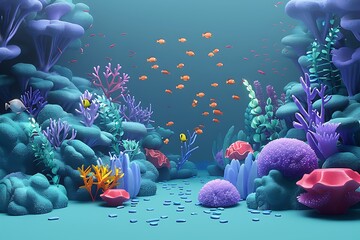 3D aquatic world image including orange-red fish, purple sponges, blue seaweeds, algae, and turquoise coral reef. Tropical multicolored flora in a cartoon maritime environment. Nature of the ocean - obrazy, fototapety, plakaty
