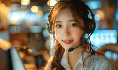 Young Chinese female tech support at work, realistic portrait, happy face.