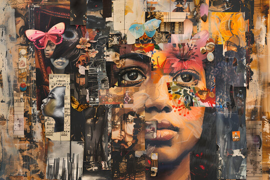 Collage of memory note black girl, piece experience of life and hobby. Experience of person, private life