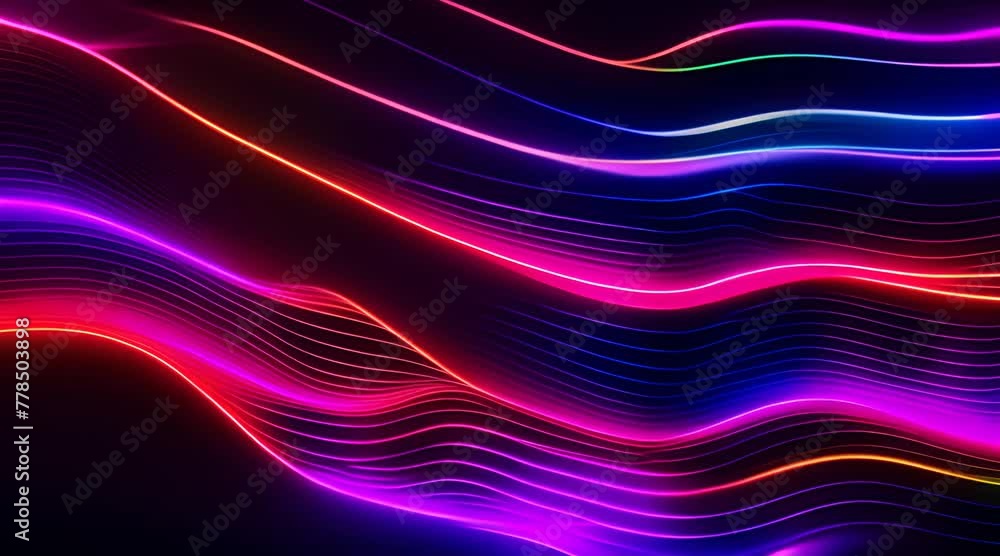 Poster neon rainbow retro waves moving on black background glowing neon lines abstract background equalizer