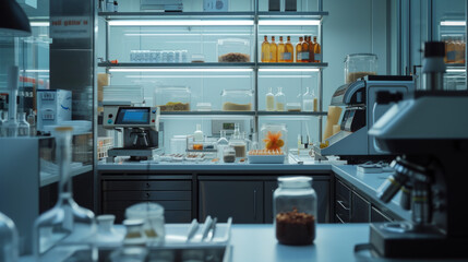 A food quality control laboratory with testing equipment and sensory evaluation stations, momentarily still but ready to ensure the quality and safety of food products