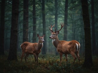 White tailed deer fawn witj hind on natural trail in north Wisconsin
