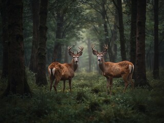 White tailed deer fawn witj hind on natural trail in north Wisconsin
