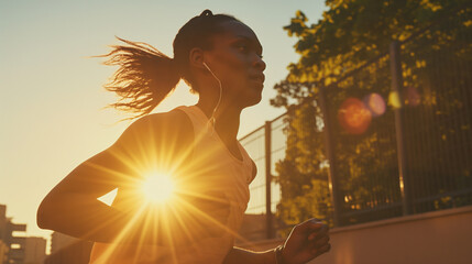 A dynamic shot from a low angle as a young woman sprints past, music keeping her pace steady. The sunlight behind her creates a halo effect, with soft shadows that emphasize her at - obrazy, fototapety, plakaty