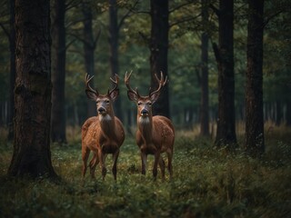 White tailed deer fawn witj hind on natural trail in north Wisconsin