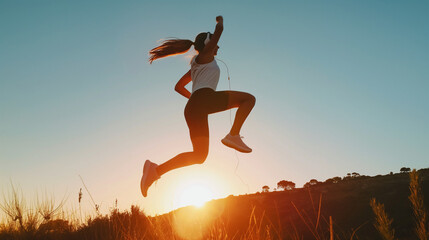A joyous moment as a woman jumps in the air, earphones in, celebrating a personal milestone or the end of a successful run. The backlight from the setting sun creates a dynamic sil