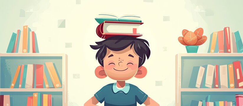 A cartoon boy stands in front of a bookshelf with a stack of books on his head, smiling and happy. This animated character is sharing a fun gesture in a fictional art picture frame