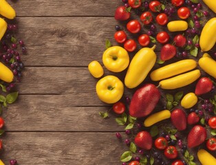 A variety of fruits and vegetables arranged in a row on a wooden surface. - seamless and tileable