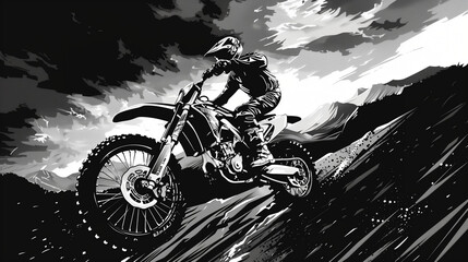 A motocross rider performs a wheelie on a steep mountain slope, portrayed in a dynamic black and white illustration highlighting the thrill of extreme sports.