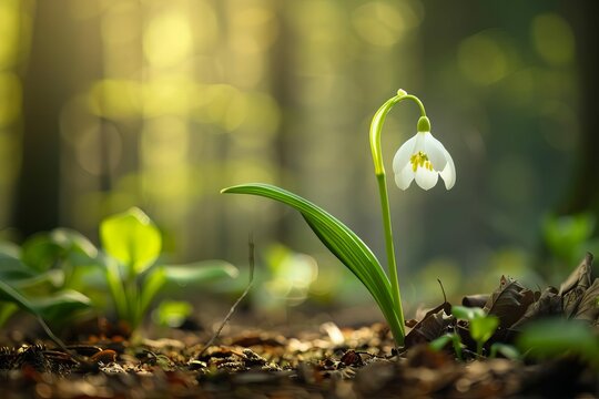 Delicate spring flower Leucojum vernum (spring snowflake) blooming in forest, Czech Republic