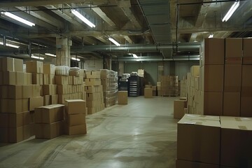 Warehouse storage of parcels and cardboard boxes, logistics and distribution center interior