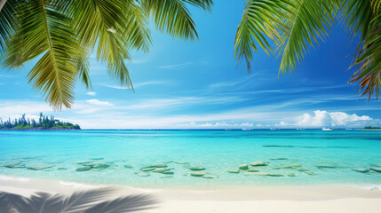 Vacation, holiday, summer, travel - beach with sea or ocean water and blue sunlight sky, palm trees with leaves 