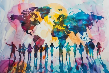 Foto op Plexiglas Vibrant watercolor painting celebrating diversity and teamwork, businesspeople united in maintaining peace on the planet © Lucija