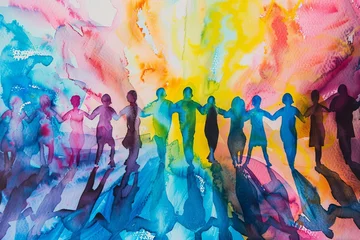 Foto op Plexiglas Vibrant watercolor painting celebrating diversity and teamwork, businesspeople united in maintaining peace on the planet © Lucija