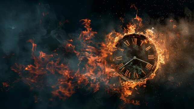 A dramatic representation of a clock ensnared in tumultuous, blazing fire illustrating volatility or time pressure