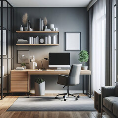 A Modern Home Office. The room is well-lit with natural light pouring in through large windows. A sleek wooden desk houses a modern computer monitor, with an ergonomic chair placed in front.