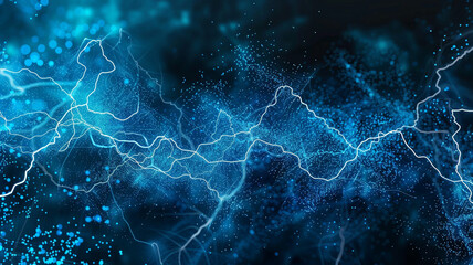 An abstract representation of a thunderstorm, with electric blue dots crackling with energy, linked by stark, lightning-like silver lines. 