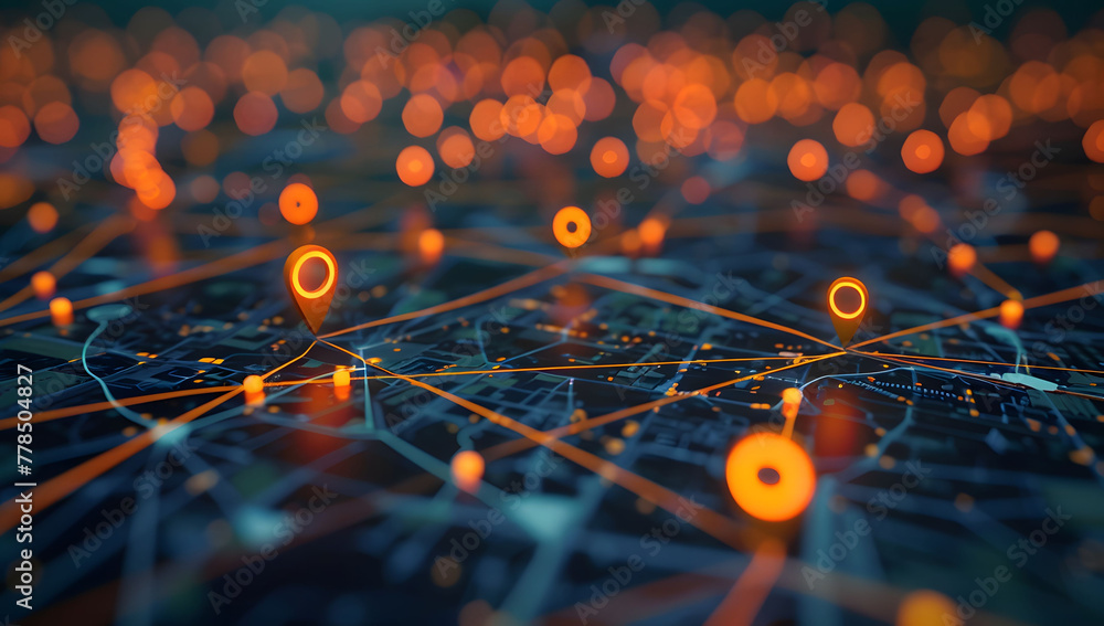 Poster a digital map featuring interconnected location pins, symbolizing global network connectivity and ge