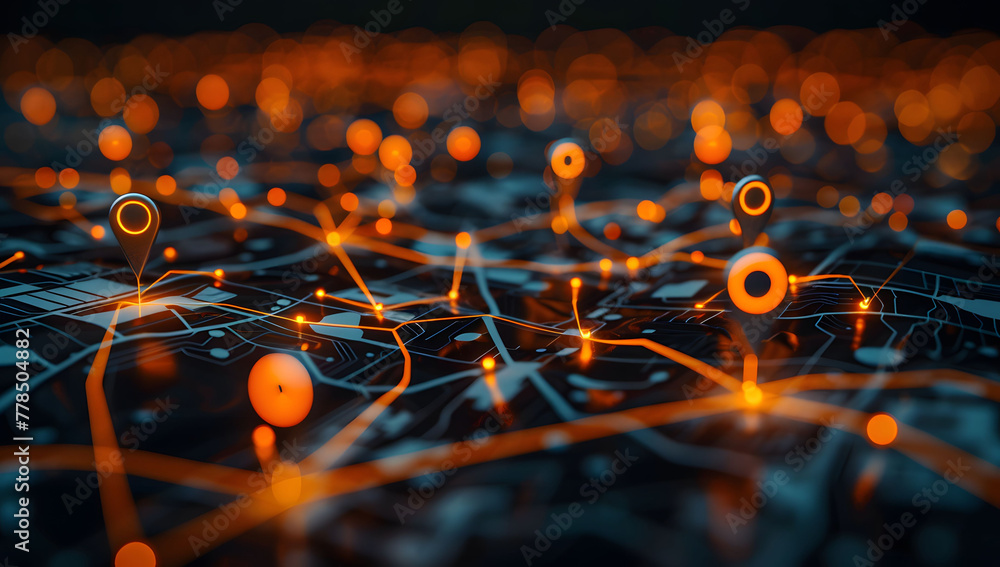 Poster a digital map featuring interconnected location pins, symbolizing global network connectivity and ge