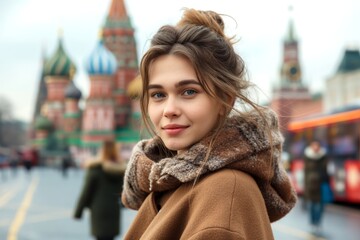 Attractive elegant young Russian woman posing in Moscow looking at the camera