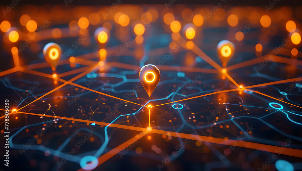 Poster a digital map featuring interconnected location pins, symbolizing global network connectivity and ge