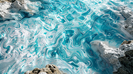An eye-catching turquoise and white patterned natural marble surface, reflecting the beauty and clarity of tropical waters, with swirling patterns that bring a calming and refreshing ambiance. - obrazy, fototapety, plakaty
