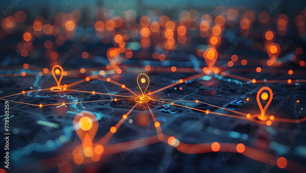 Poster a digital map featuring interconnected location pins, symbolizing global network connectivity and ge