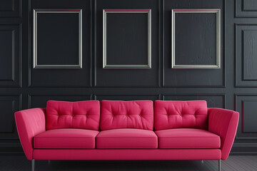 A bold Scandinavian living room with a hot pink sofa against a jet black wall. Three empty mock-up poster frames in a silver metallic finish