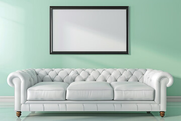 A bright and airy Scandinavian living room with a white leather sofa against a mint green wall. One blank empty mock-up poster frame in a dark ebony finish 