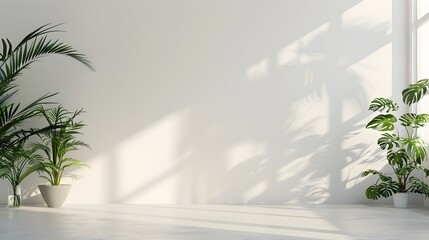 White wall empty room with plants on a floor.