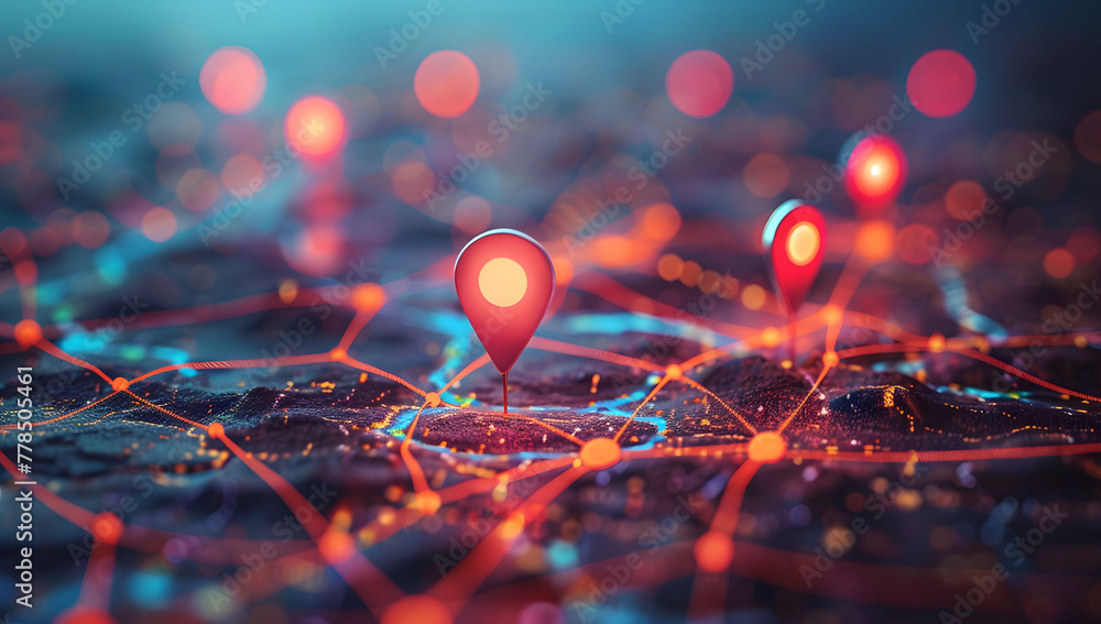 Poster A digital map featuring interconnected location pins, symbolizing global network connectivity and geographic information technology. Concept of global connections and geolocation maps for business.
