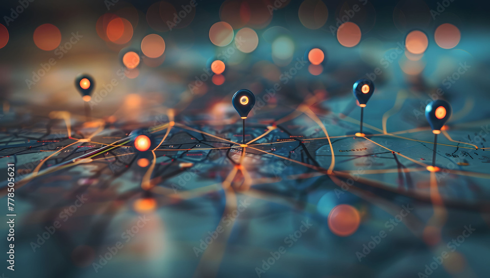 Poster a digital map featuring interconnected location pins, symbolizing global network connectivity and ge