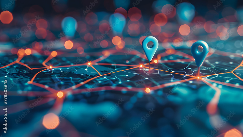 Poster A digital map featuring interconnected location pins, symbolizing global network connectivity and geographic information technology. Concept of global connections and geolocation maps for business.